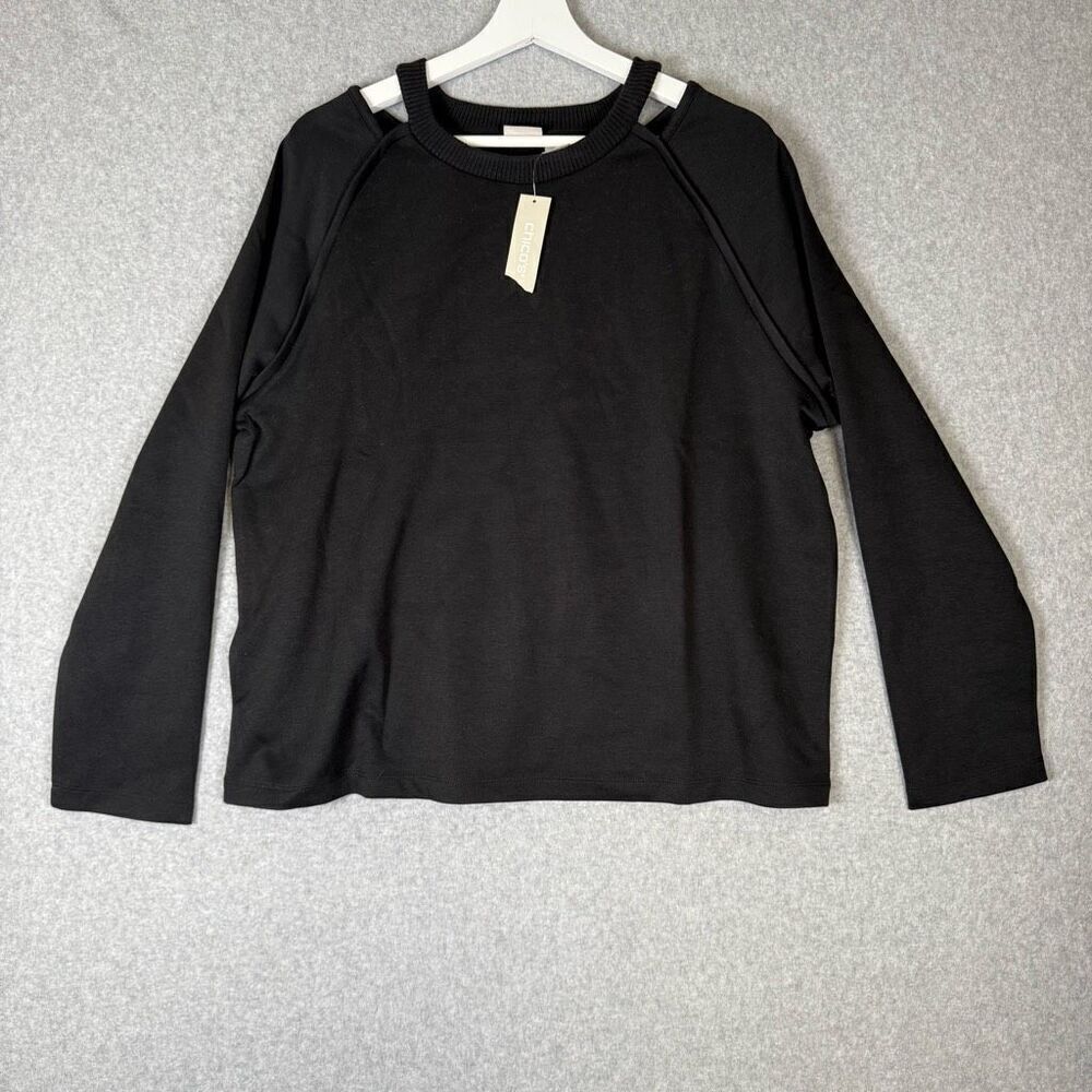 Chicos Zenergy Womens Size 2 US 12/14 Cut Out Knit Top Black Long Sleeve NWT